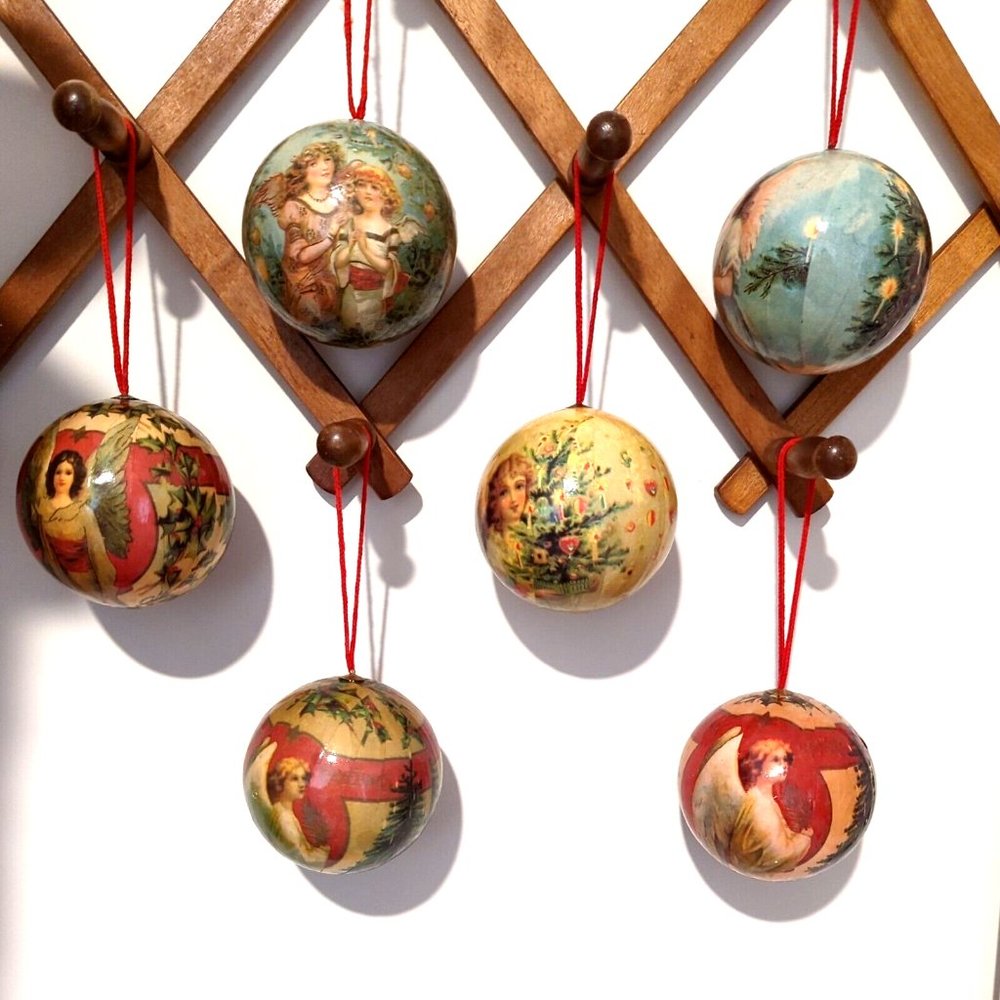 Vintage Paper Mache Decoupage 6 Christmas Ball Ornaments Set Victorian
